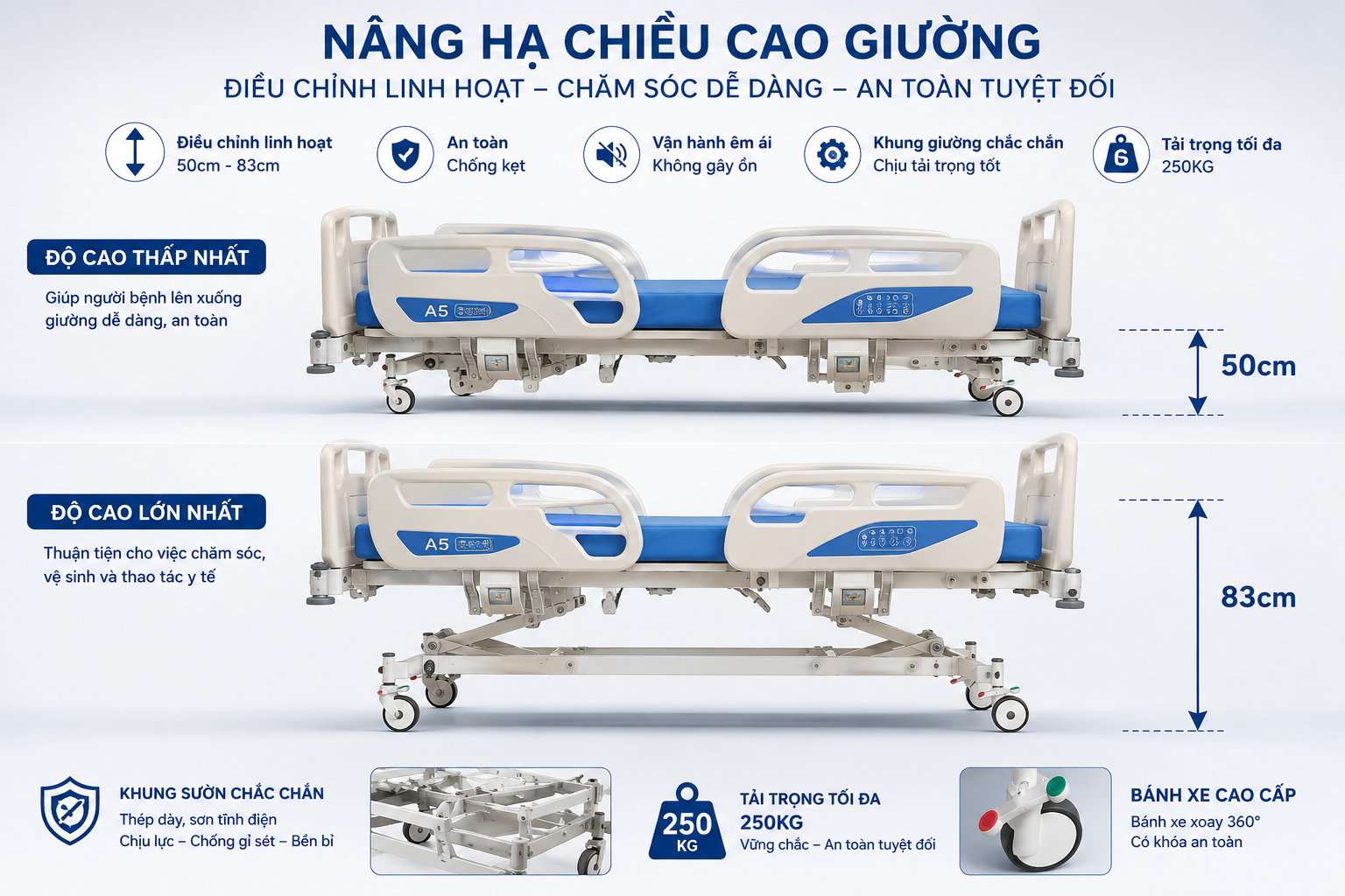 Giường y tế Paramount A5 nâng hạ chiều cao